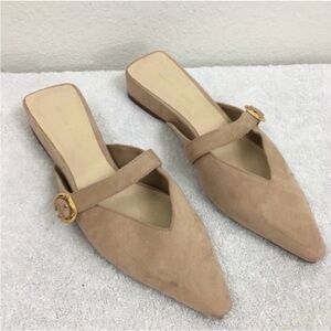 Charles & Keith Women's Tan Nude Suede Pointy Toe Buckle Mule Low Wedge Size 7